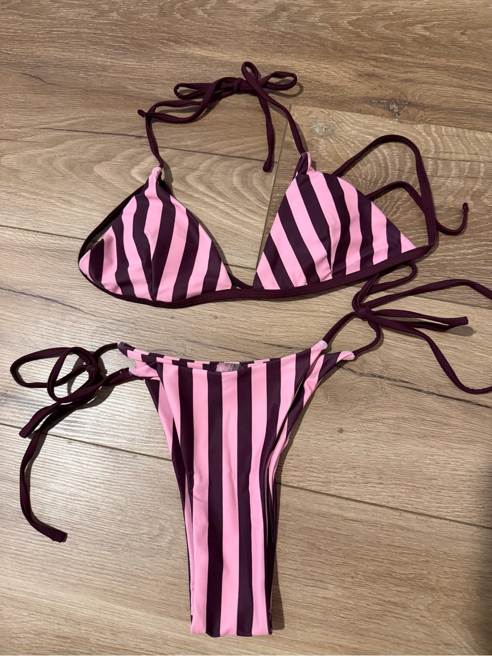 SHEIN Pink and Burgundy Striped Triangle Bikini